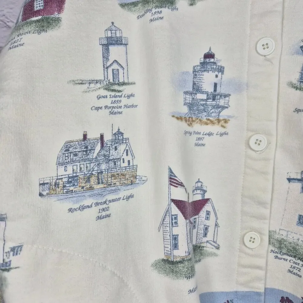 Vintage Lighthouse Point Sweatshirt Cardigan M Coastal Grandma Cream Nautical 90